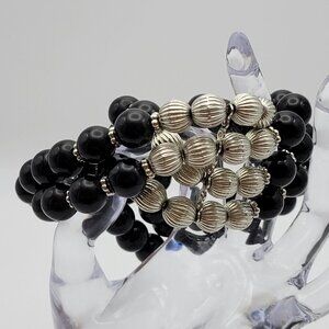 Black And Silver Tone Ball Bead Stretch Bracelet 8 In Sizable Multi Strand